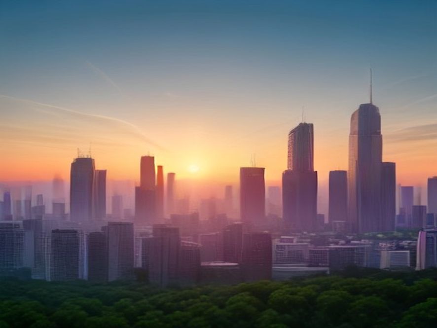 A cinematic, photorealistic 8k wide shot of a modern, thriving Sejong City skyline at sunrise, symbolizing national balance and future prosperity, with a grand, symbolic monument reflecting the spirit of independence and national growth, vibrant urban architecture surrounded by green landscapes, highend professional photography style.