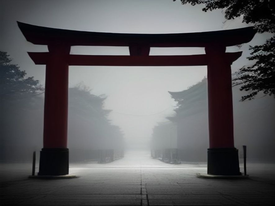 A cinematic and photorealistic 8k image featuring the iconic torii gate of Yasukuni Shrine shrouded in a tense, misty atmosphere, juxtaposed with a conceptual blurred overlay of modern newspaper headlines criticizing political regression, symbolizing a shift in public consciousness and diplomatic introspection.