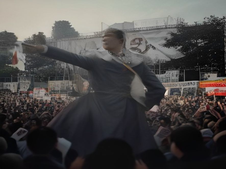 A cinematic, photorealistic 8k portrait of a determined politician standing in a crowded outdoor rally at a public park, wearing a prominent necklace featuring the portrait of Syngman Rhee, capturing a tense and symbolic atmosphere of political ideological confrontation with blurred historical banners in the background.