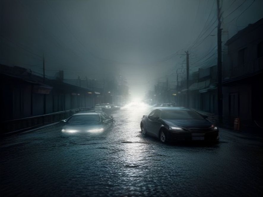 A cinematic and photorealistic 8k image showing a flooded urban street in Geoje during a torrential downpour, with submerged vehicles and rising water levels reflecting a dramatic and ominous atmosphere of a climate crisis, captured with high detail and professional lighting.