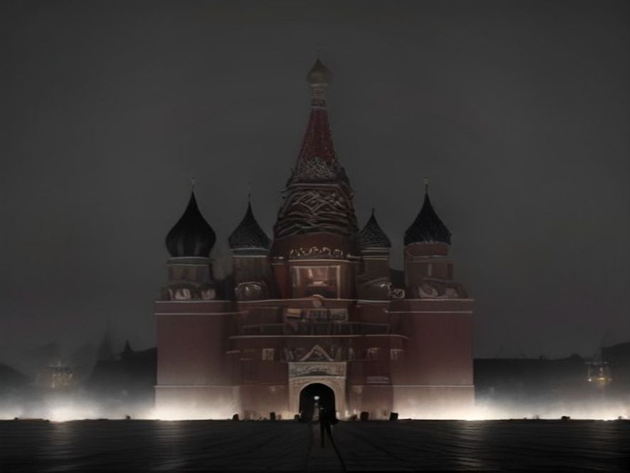 A cinematic and photorealistic 8k image of the iconic Red Square in Moscow, deserted and shrouded in an eerie, tense atmosphere under a twilight sky filled with a swarm of ominous, glowing military drones, capturing the chilling reality of modern asymmetric warfare.