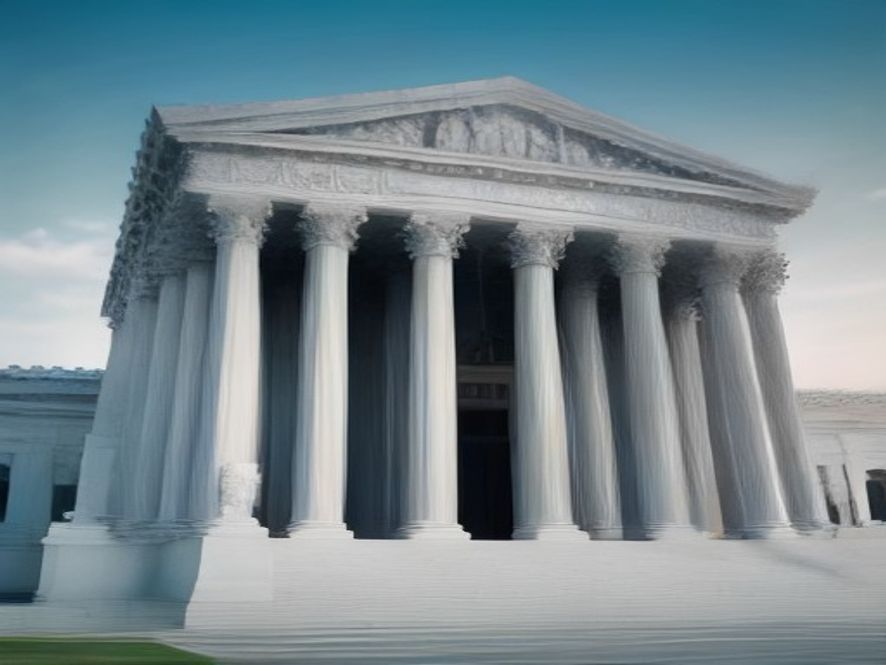 A cinematic and photorealistic 8k image of the iconic scales of justice balanced perfectly in front of the grand, solemn columns of a traditional Supreme Court building, symbolizing the restoration of legal order and the resumption of judicial momentum after a period of stagnation, with soft, natural morning light illuminating the scene.