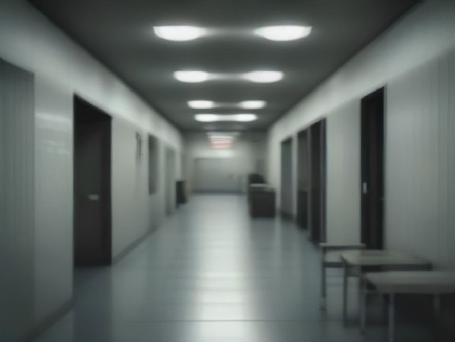 A cinematic, photorealistic 8k image showing a blurred, sterile hospital corridor in the background, with a foreground focus on a cautionary health inspection sign and a tray of prepared food in a dining area, capturing a somber and serious atmosphere of public health vigilance.