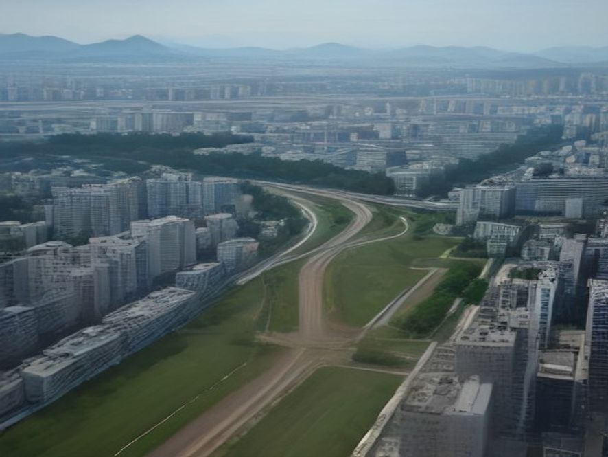 A cinematic, photorealistic 8k wide shot of the vast Yongsan military base site in central Seoul, featuring a dramatic juxtaposition between raw, contaminated soil under restoration and modern highrise residential architecture rising in the background, capturing the tension between urban development and environmental cleanup efforts.