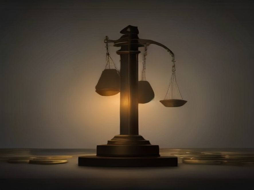 A cinematic, photorealistic 8k image featuring a conceptual scales of justice balanced between a symbolic school building and stacks of golden coins in a dramatic, dimly lit atmosphere, representing the intense conflict between government budget reform and educational funding stability.