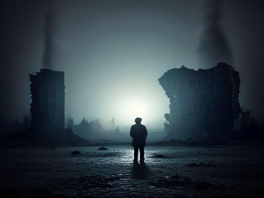 A cinematic and photorealistic 8k image of a weathered, lonely silhouette of a government official standing before a crumbling, blurred map of Ukraine under a dim, oppressive light, capturing an atmosphere of political corruption and institutional fragility.