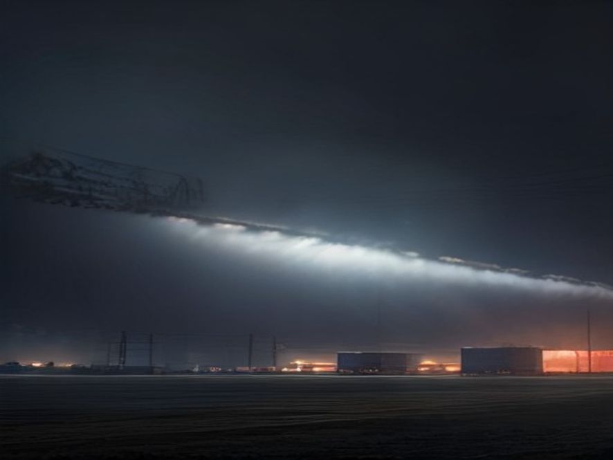 Cinematic and photorealistic 8k image of a massive logistics warehouse engulfed in thick, dark smoke with emergency fire trucks and lights visible in the chaotic atmosphere, capturing the urgent scale of an industrial fire disaster.