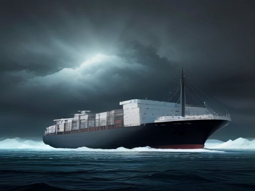 A cinematic, photorealistic 8k image of a massive container ship navigating through the melting ice floes of the Arctic Ocean under a dramatic, moody sky, symbolizing the complex geopolitical tension and strategic dilemma between global trade expansion and international diplomatic pressure.