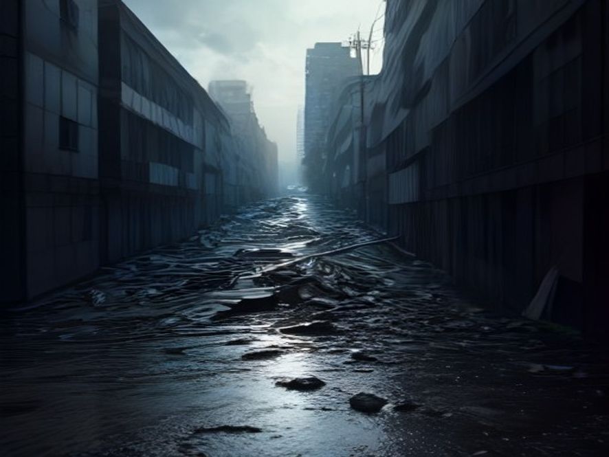 A cinematic, photorealistic 8k image showing a collapsed artificial slope manmade embankment spilling mud and debris into the side of a modern apartment complex, emphasizing the precarious state of urban infrastructure and structural failure, dramatic lighting, high detail.