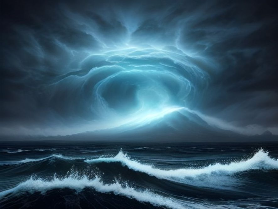 Cinematic, photorealistic 8k image of a colossal, swirling typhoon approaching a coastal region under a dramatic and ominous stormy sky, with multiple glowing digital trajectory maps and data overlays flickering in the atmosphere to represent complex meteorological analysis, emphasizing a tense and urgent atmosphere.
