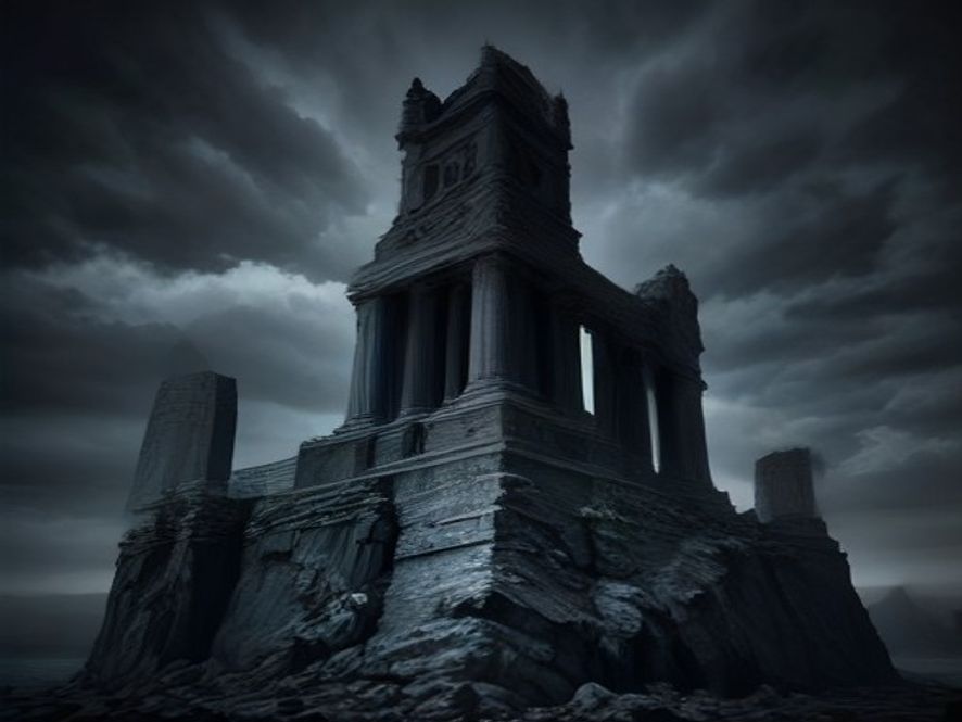 A cinematic, highcontrast photorealistic shot of an imposing, cracked stone scale of justice standing between two opposing grand government buildings under a dark, stormy sky, symbolizing a constitutional crisis and the clash between judiciary and executive powers, 8k resolution, dramatic lighting.