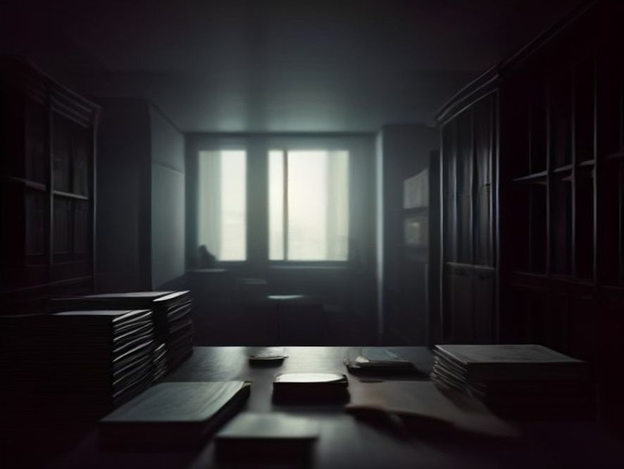 A cinematic and photorealistic 8k image featuring a shadowy, dimly lit office filled with dusty, aged legal documents and stacks of old currency, symbolizing hidden political slush funds and the unearthing of historical corruption, with a somber and dramatic atmosphere.