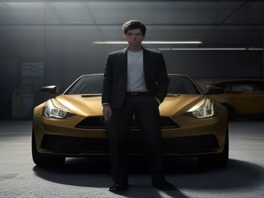 A cinematic and photorealistic portrait of a young man standing in a modern, slightly cluttered car dealership, with a subtle golden royal aura reflecting in the polished car windows behind him, symbolizing the dramatic contrast between his ordinary life and newfound noble identity, 8k resolution, dramatic lighting.
