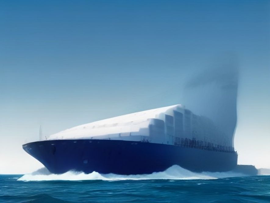 A majestic modern container ship navigating through vast, shimmering arctic ice sheets under a clear blue sky, capturing a cinematic and photorealistic sense of a new maritime logistics era, 8k resolution.