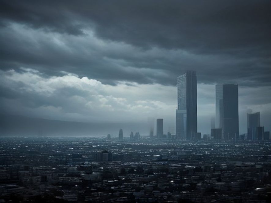 Cinematic, photorealistic 8k image of the vast Yongsan Park landscape under a dramatic, moody sky, with a sharp divide in the scene reflecting a metaphorical clash between urban development blueprints and political tension, captured in a highcontrast style that emphasizes the scale of the empty city heart.