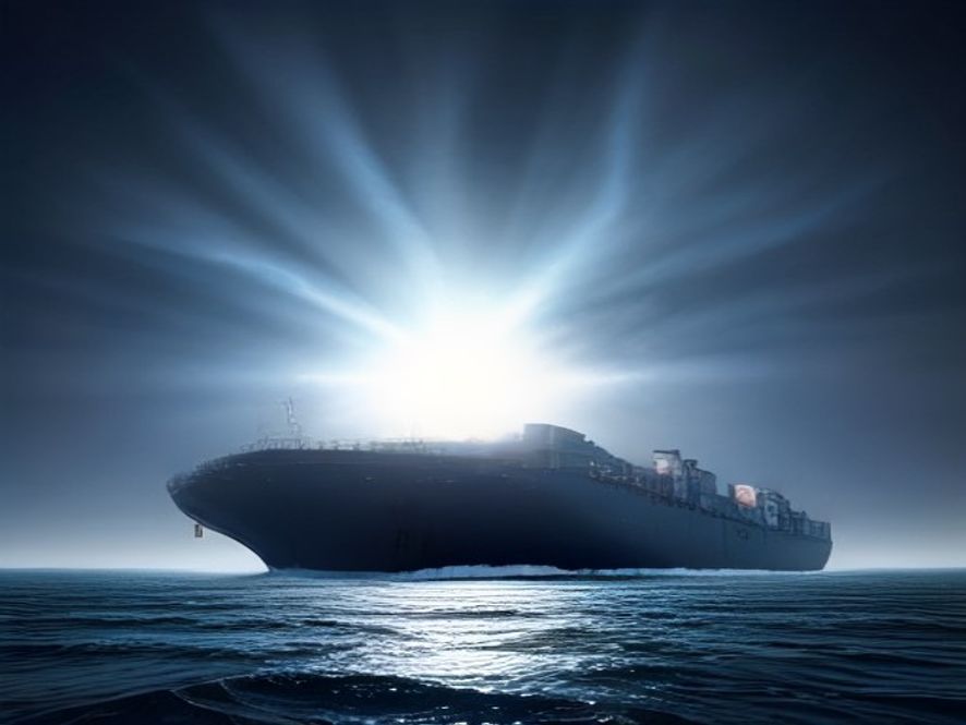 A cinematic, photorealistic 8k image of a massive modern Korean container ship majestically breaking through thick, glowing Arctic ice under a vast, ethereal polar sky, symbolizing a new era of global logistics, epic scale, hyperdetailed, dramatic lighting.