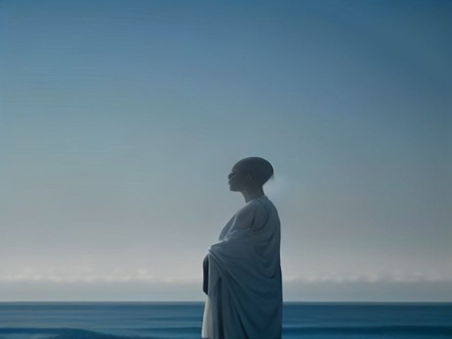 Cinematic, photorealistic 8k portrait of a Buddhist monk standing in peaceful contemplation near a deep, serene blue ocean, with soft ethereal lighting symbolizing the transition between life and the infinite, poignant atmosphere, hyperdetailed.