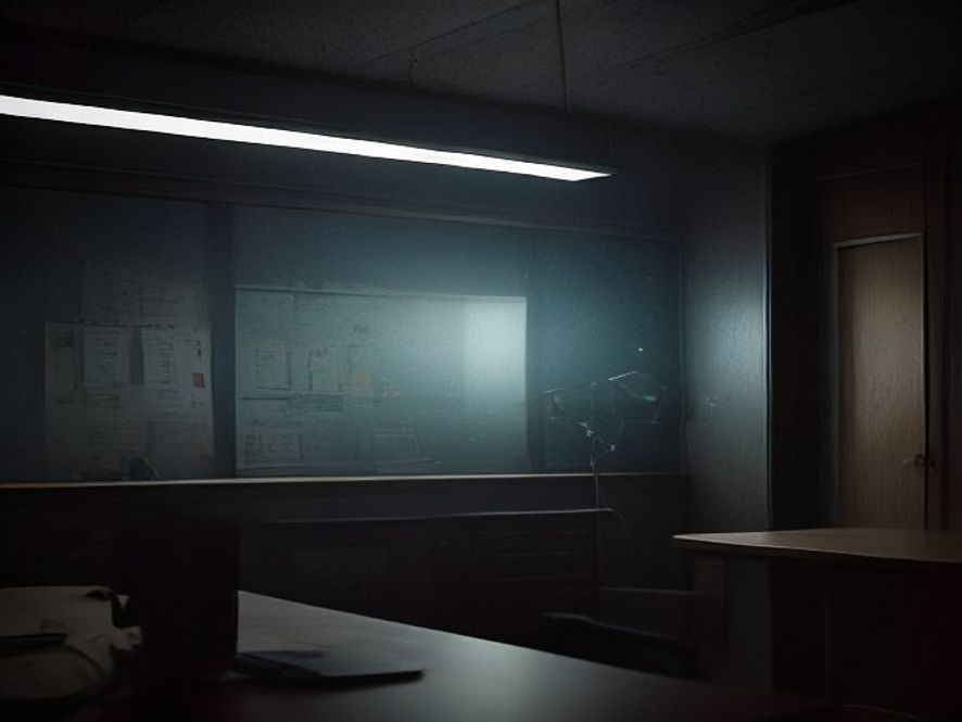 A cinematic, photorealistic 8k image featuring a lonely, dimly lit police precinct office at night with scattered investigation files and a forgotten, dusty case folder labeled MISSING on a dark wooden desk, capturing a heavy atmosphere of systemic corruption and hidden truth, dramatic chiaroscuro lighting.