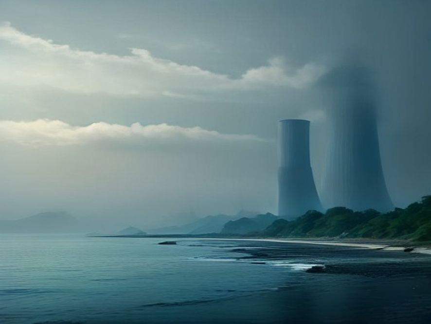 A cinematic, photorealistic 8k image featuring a subtle landscape of a peaceful coastal town near Haenam with a looming, modern nuclear power plant in the distant background under a slightly tense, overcast sky, capturing the underlying anxiety and the fragile state of geological safety.