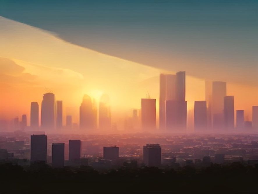 A cinematic and photorealistic 8k image of a sweltering, sundrenched cityscape under a hazy, intense summer sky with shimmering heat waves, capturing the oppressive atmosphere of a latesummer heatwave that refuses to fade despite the arrival of autumn.