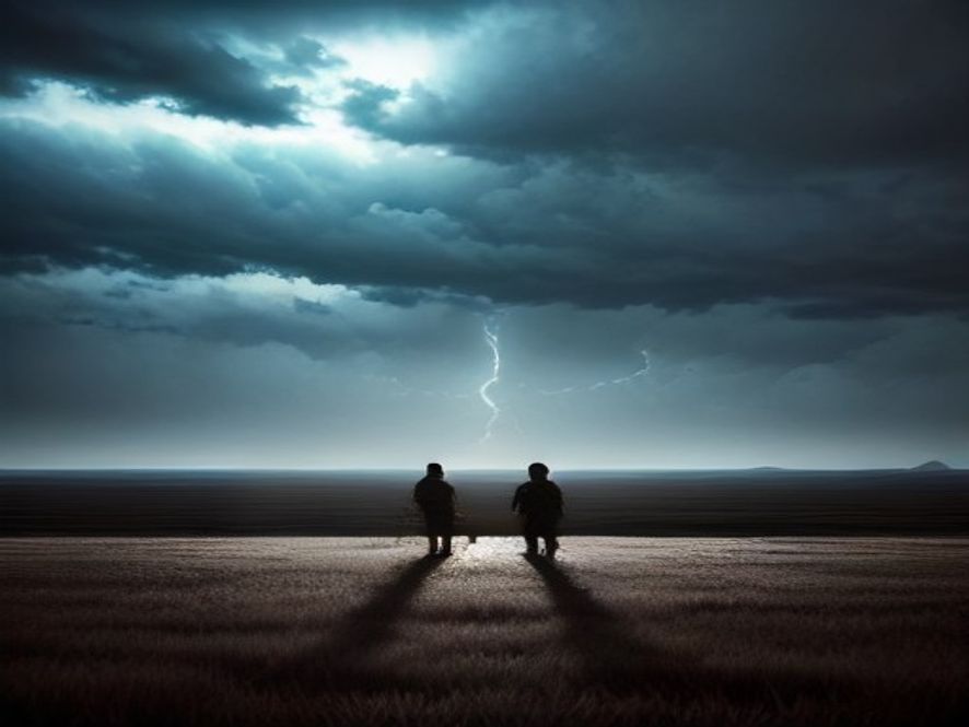 A cinematic, photorealistic 8k image featuring silhouette of modern military soldiers standing in a tense, vast landscape under a stormy sky, symbolizing a vigilant national defense amidst uncertainty, with a strategic and somber atmosphere.