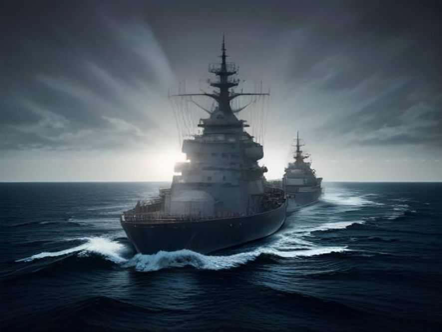 A cinematic and photorealistic 8k image featuring a subtle silhouette of a US military warship navigating the stormy Korean peninsula waters at twilight, symbolizing a shift in Trumps foreign policy and the tension of renewed joint military drills, dramatic lighting, high contrast, professional geopolitical atmosphere.