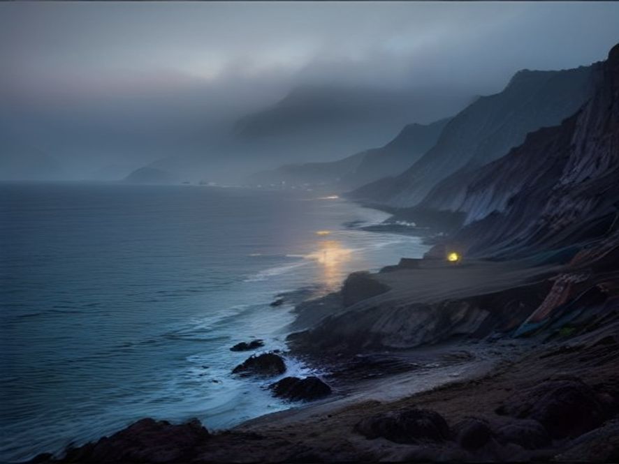 A cinematic and poignant wide shot of a misty, desolate Jeju Island landscape at twilight, featuring a lone, weathered memorial candle flickering near a rugged coastline, emphasizing a somber atmosphere of search and reflection, 8k resolution, highly detailed, photorealistic.