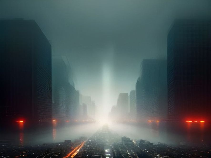 A hyperrealistic, cinematic 8k shot of a sweltering late August cityscape under a hazy, heatshimmering atmosphere with heavy rain clouds looming, capturing the oppressive humidity and the relentless summer heat, high detail.