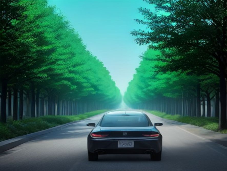 A cinematic and photorealistic 8k image depicting a hopeful future, featuring a modern electric vehicle driving through a scenic campus path lined with lush trees and contemporary university buildings, symbolizing the intersection of advanced education and sustainable green energy, professional lighting, highly detailed.