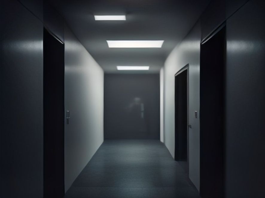 A cinematic, photorealistic 8k image of a dimly lit, modern public restroom corridor with a sense of unease, featuring an ominous shadowy silhouette standing near the entrance, emphasizing the fragility of public safety and surveillance concerns, moody atmosphere, high contrast.