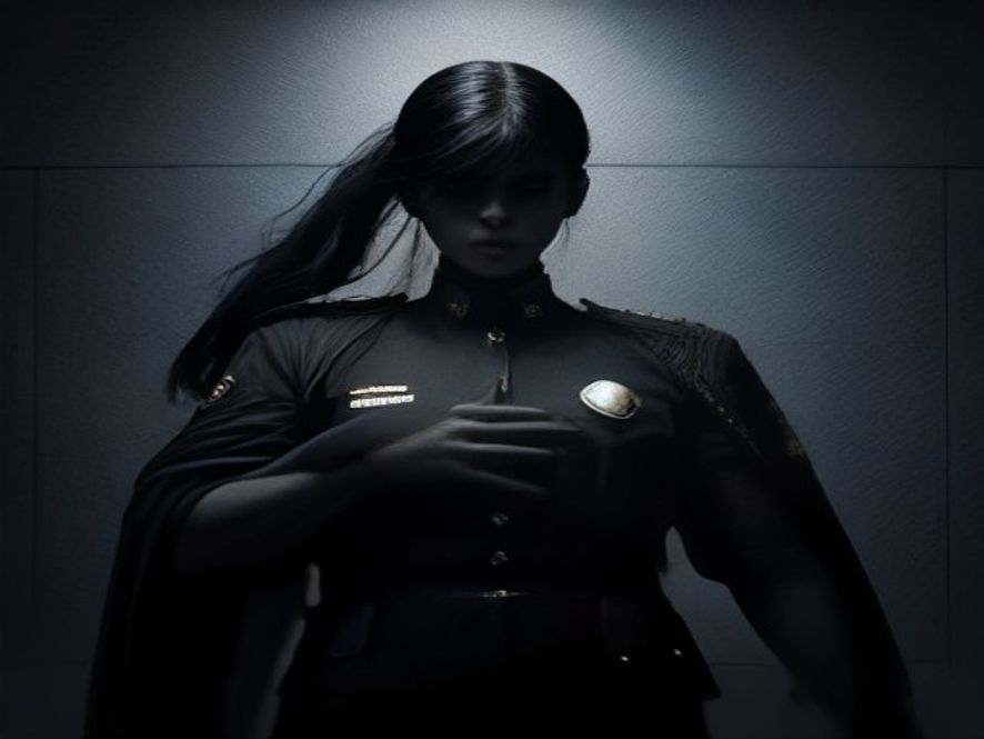 A cinematic and photorealistic 8k image featuring a grand, imposing silhouette of a police badge scales on one side balancing against a set of delicate justice scales held by a citizens hand, symbolizing the tension between expanded state power and the necessity for checks and balances, dark moody atmosphere with dramatic lighting, professional photography style.