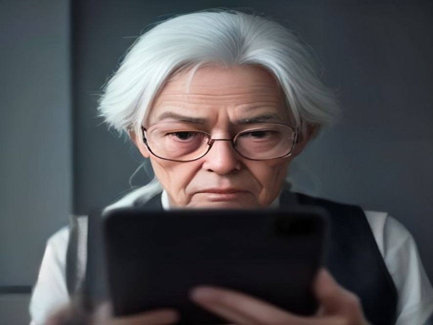 A concerned elderly person looking at a suspicious warning notification on a smartphone screen in a dimly lit room, cinematic lighting, photorealistic, 8k resolution, capturing a sense of digital vulnerability and cybersecurity threat.