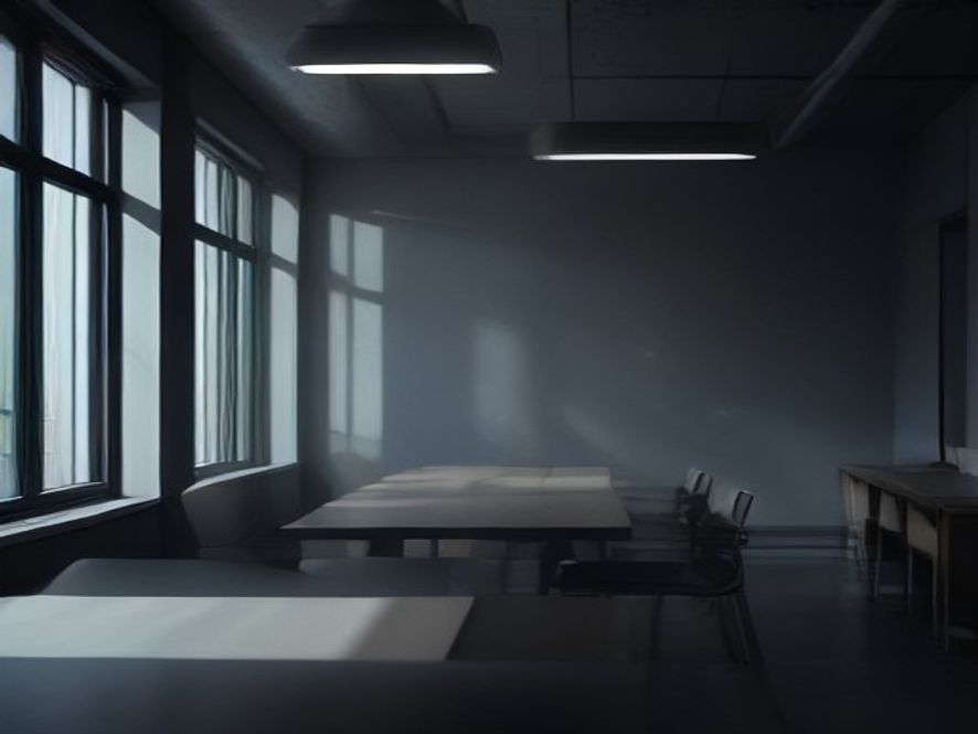 Cinematic and photorealistic 8k image of a lonely, empty chair placed in a dark, cold bureaucratic office, with blurred files and data spreadsheets casting long shadows in the background, symbolizing the cold indifference of institutional neglect and the loss of human identity, dramatic lighting, high contrast, melancholic atmosphere.