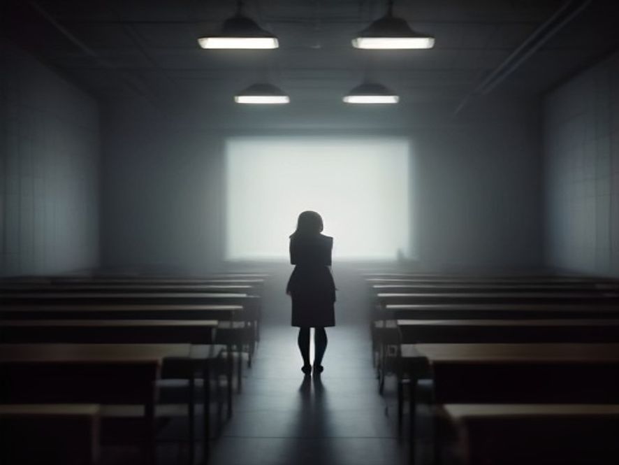 A cinematic, photorealistic 8k image featuring a silhouette of a teacher standing in a dimly lit, highend classroom filled with stacks of textbooks and complex exam papers, symbolizing the tension between the private education market and the search for fairness in the entrance examination system, dramatic lighting, moody atmosphere.