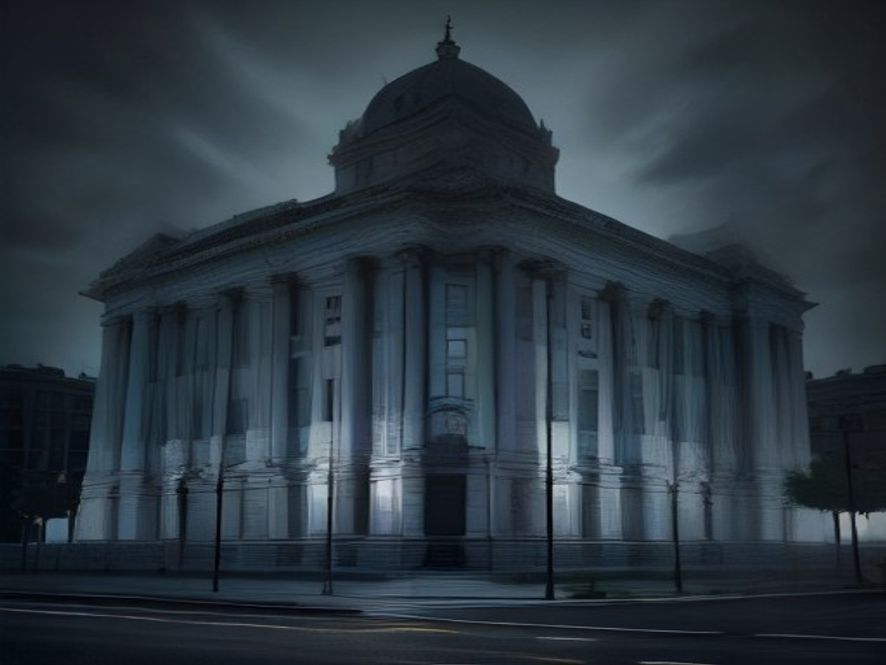 A cinematic and photorealistic 8k image showing a solemn courthouse building standing under a tense, gloomy sky, with blurred emergency police lights reflecting on the pavement to capture an atmosphere of public anxiety and national security alert.