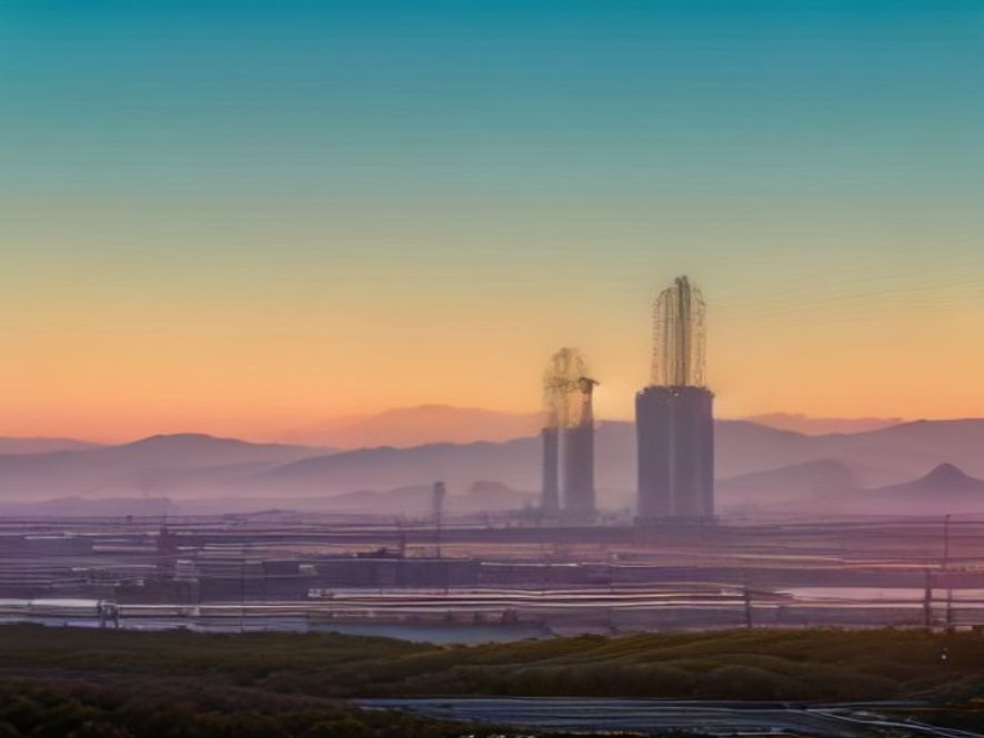 A cinematic and photorealistic 8k image featuring a futuristic industrial complex in a South Korean region, with glowing highvoltage power lines and modern factories bathed in golden sunlight, symbolizing economic growth, energy efficiency, and regional industrial transformation.
