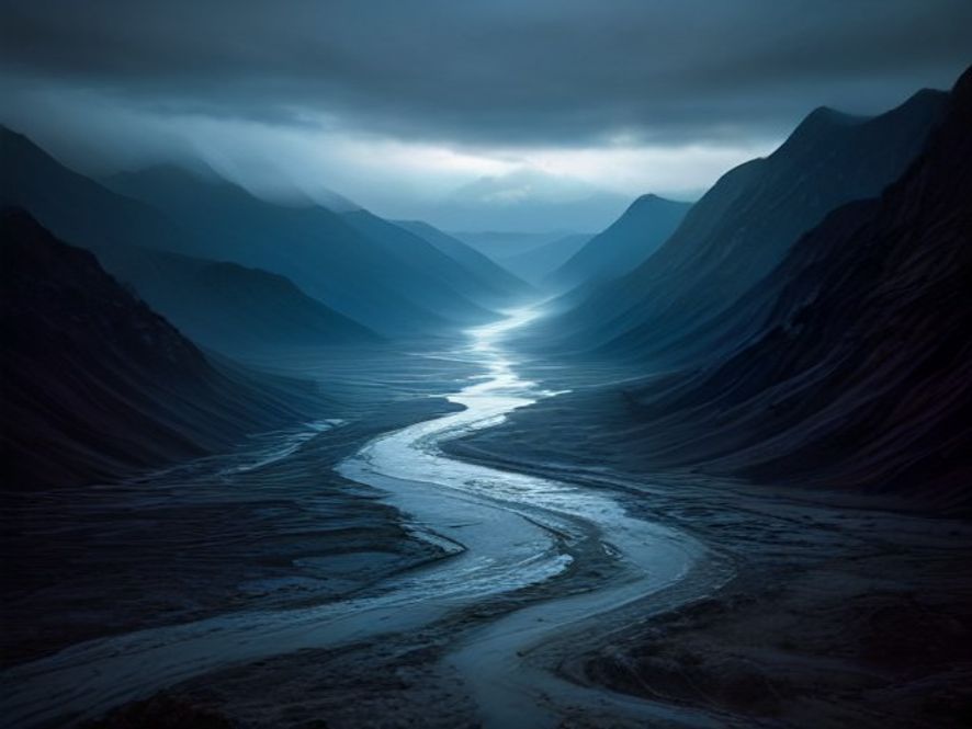 A cinematic, photorealistic 8k image capturing a desolate and flooded landscape in the Nepal border region after a massive deluge, with swirling muddy waters engulfing mountainous terrain under a dark, ominous stormy sky, emphasizing the gravity of the climate disaster and the urgent atmosphere of a crisis zone.