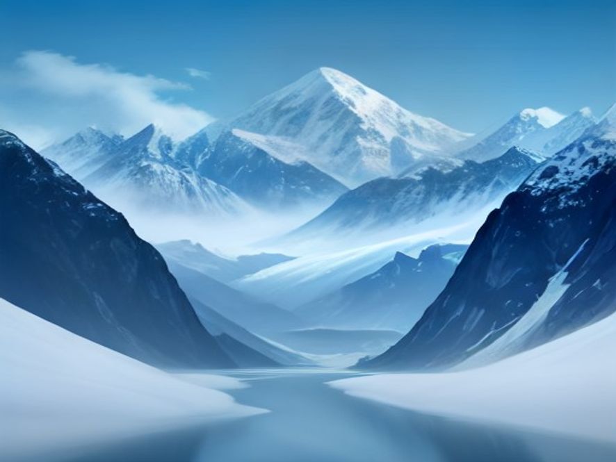 A cinematic, photorealistic 8k image of the majestic, snowcapped Himalayas with massive, rapidly melting glaciers forming dangerously swelling glacial lakes, capturing the urgent and somber atmosphere of global climate change.