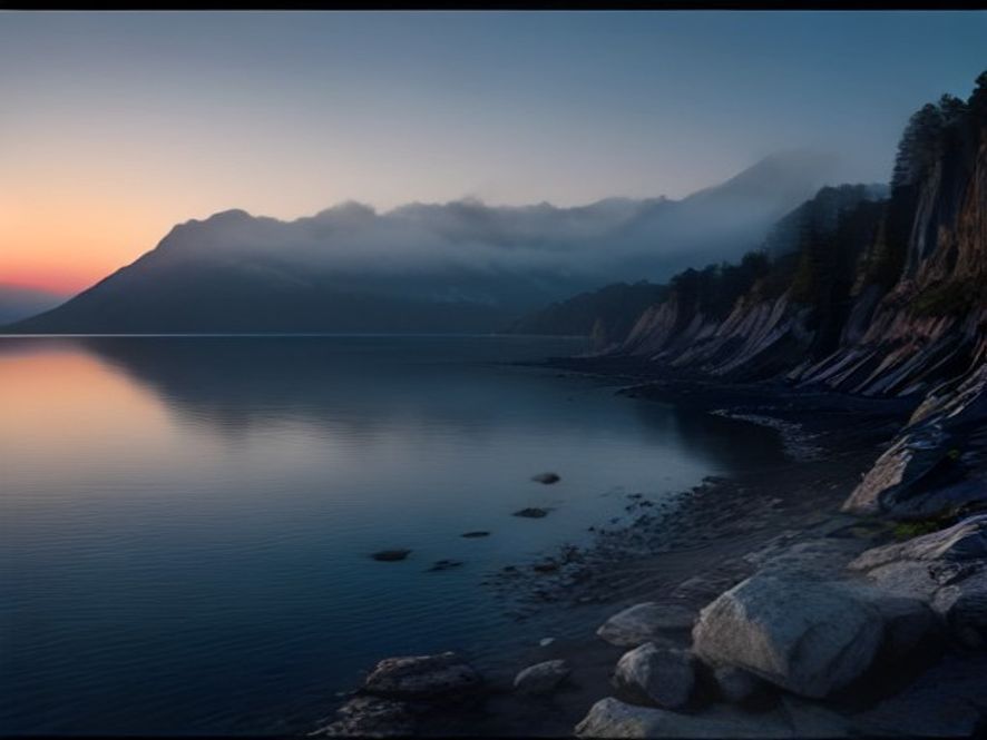 A cinematic, photorealistic 8k image showing a vast, serene Lake Ontario at dawn, with a large, imposing and weathered American flag standing firmly on the rocky shoreline as a symbol of territorial dominance, reflecting a tense and foreboding geopolitical atmosphere.