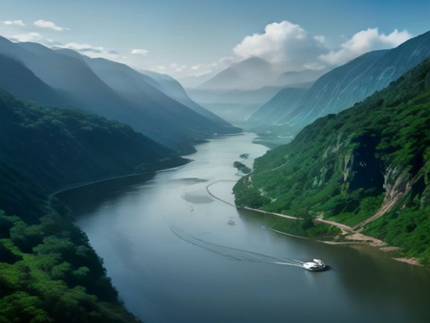 Cinematic, photorealistic 8k image of a majestic modern dam structure nestled within a lush, misty river valley, symbolizing the balance between national water security for climate change adaptation and environmental preservation, captured during the golden hour with soft sunlight reflecting on the calm reservoir surface.