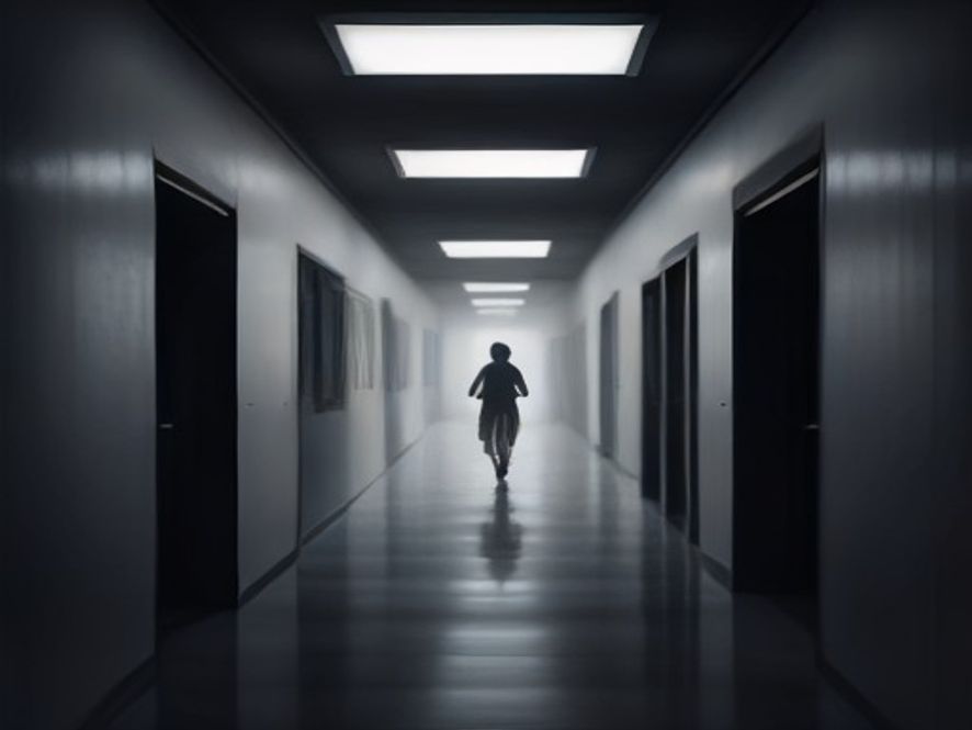 A cinematic and photorealistic 8k image of an empty, dimly lit school hallway with a single, blurred silhouette of a student standing near a classroom door, symbolizing social exclusion and the missing protection for diverse identities in educational guidelines, moody atmosphere, soft dramatic lighting, high quality.