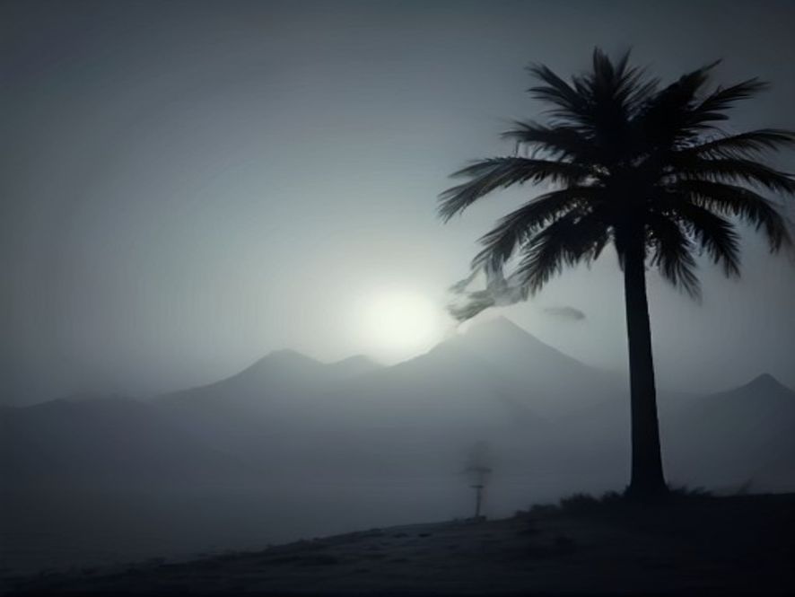 A cinematic and photorealistic 8k image of a desolate palm tree standing in a misty, somber Jeju landscape at twilight, with mysterious shadows and an atmosphere of investigative tension reflecting a complex criminal mystery, professional photography style.