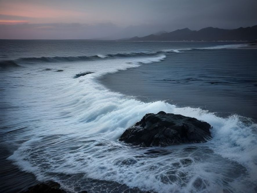 A cinematic, photorealistic 8k image of the rugged, mistcovered Jeju coastline at dusk, featuring a lone, weathered warning sign standing against the crashing dark waves to evoke a somber and reflective atmosphere of coastal safety.