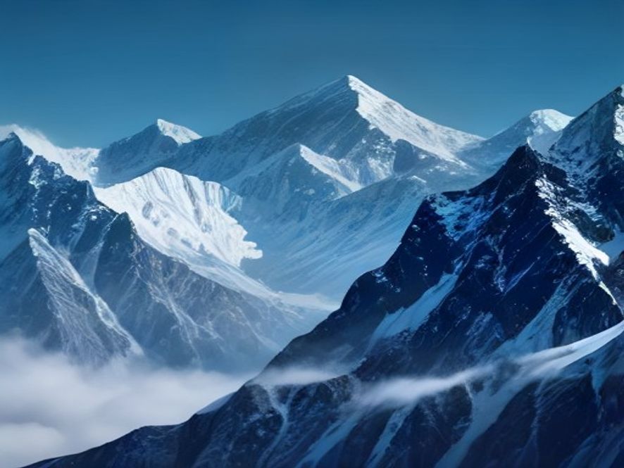 Cinematic, photorealistic 8k wide shot of a rescue helicopter flying over the majestic, rugged, and snowcapped peaks of the Himalayas during a critical search mission, capturing a sense of urgency, hope, and professional rescue operation under a dramatic sky.