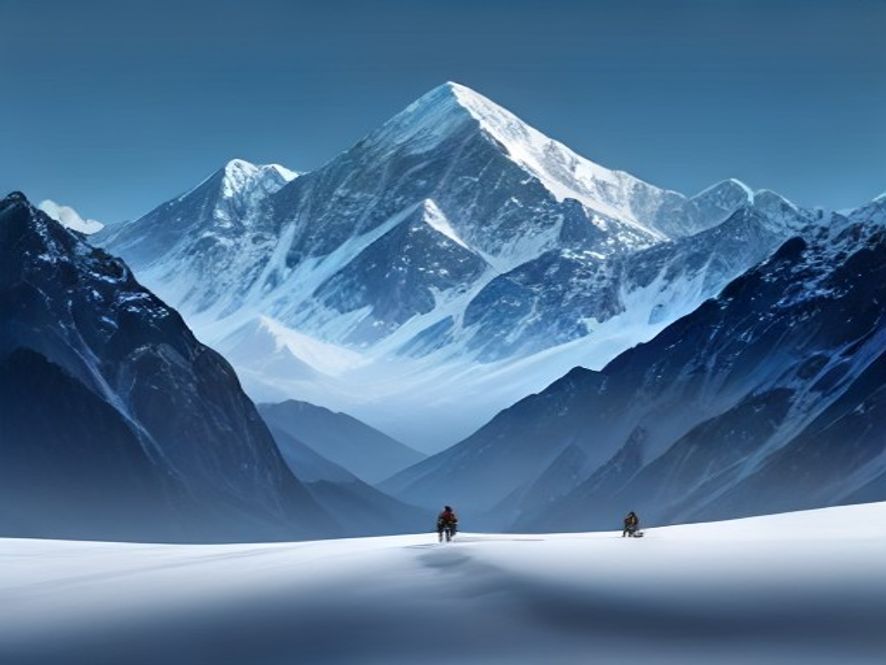 A cinematic, photorealistic 8k image showing a tiny, determined rescue team standing before the vast, towering, and treacherous snowcovered peaks of the Himalayas, capturing the poignant struggle and human limitation against the overwhelming power of the rugged, unstable mountain landscape.