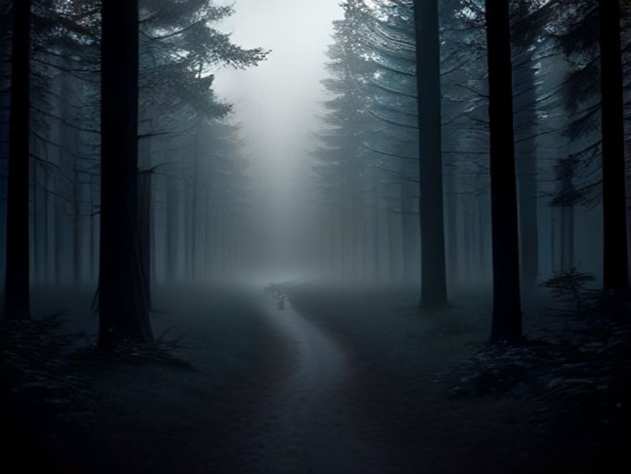 A cinematic, photorealistic 8k image of a digital map showing a glowing GPS tracking route on a tablet screen, set against a dark and somber misty forest landscape at twilight, symbolizing a mysterious disappearance and the pursuit of truth, dramatic lighting, high contrast.