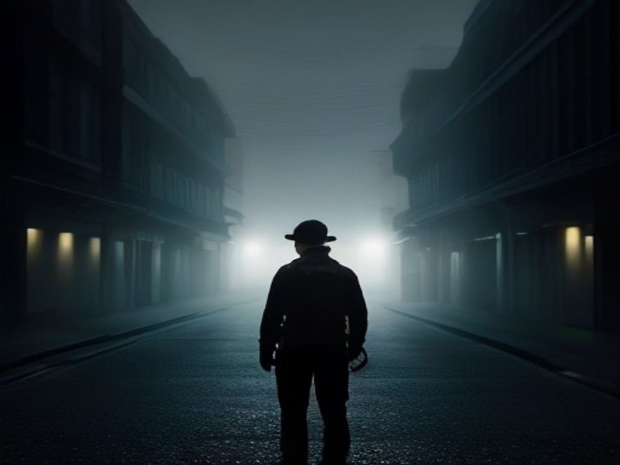 Cinematic, photorealistic 8k image of a lone silhouette of a police officer standing in a foggy, dark urban street at twilight, contemplating a complex glowing digital map that symbolizes a rigid investigation manual and systemic control, capturing a somber and tense atmosphere of critical decisionmaking.