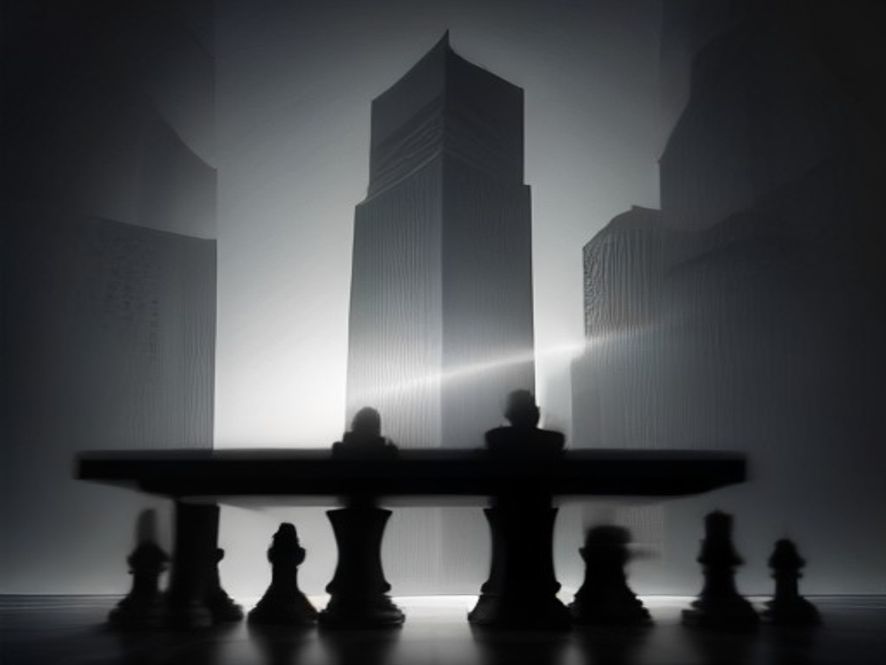 A cinematic and photorealistic 8k image featuring a shadowy, grand government building silhouette in the background with a sharp, modern chess piece standing on a sleek wooden table in the foreground, symbolizing political strategy and intense conflict between opposing forces, dramatic lighting, high contrast.