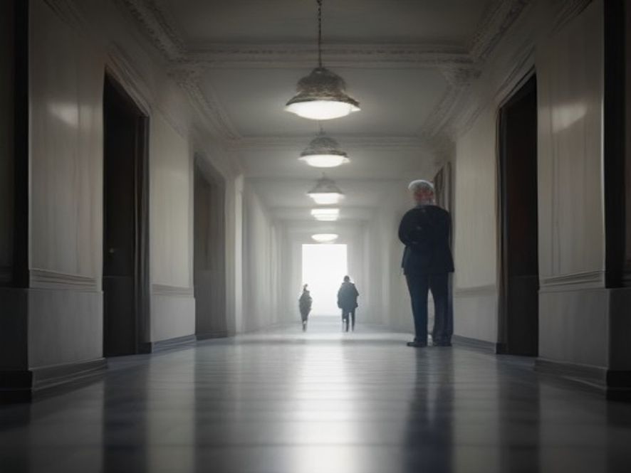 A cinematic, photorealistic 8k portrait of an aging statesman standing in the solemn corridors of the National Assembly building as he gazes towards the horizon, symbolizing the end of a long era in national defense, with dramatic lighting highlighting a sense of legacy and quiet transition, professional atmosphere.