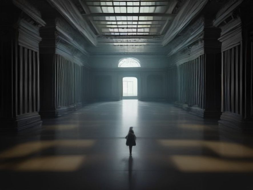 A highangle cinematic, photorealistic 8k shot of a solitary female politician standing in the center of a grand, dimly lit government assembly hall, representing the tension between legislative power and executive ambition, with dramatic lighting casting long shadows across the floor to symbolize ethical conflict and political weight.